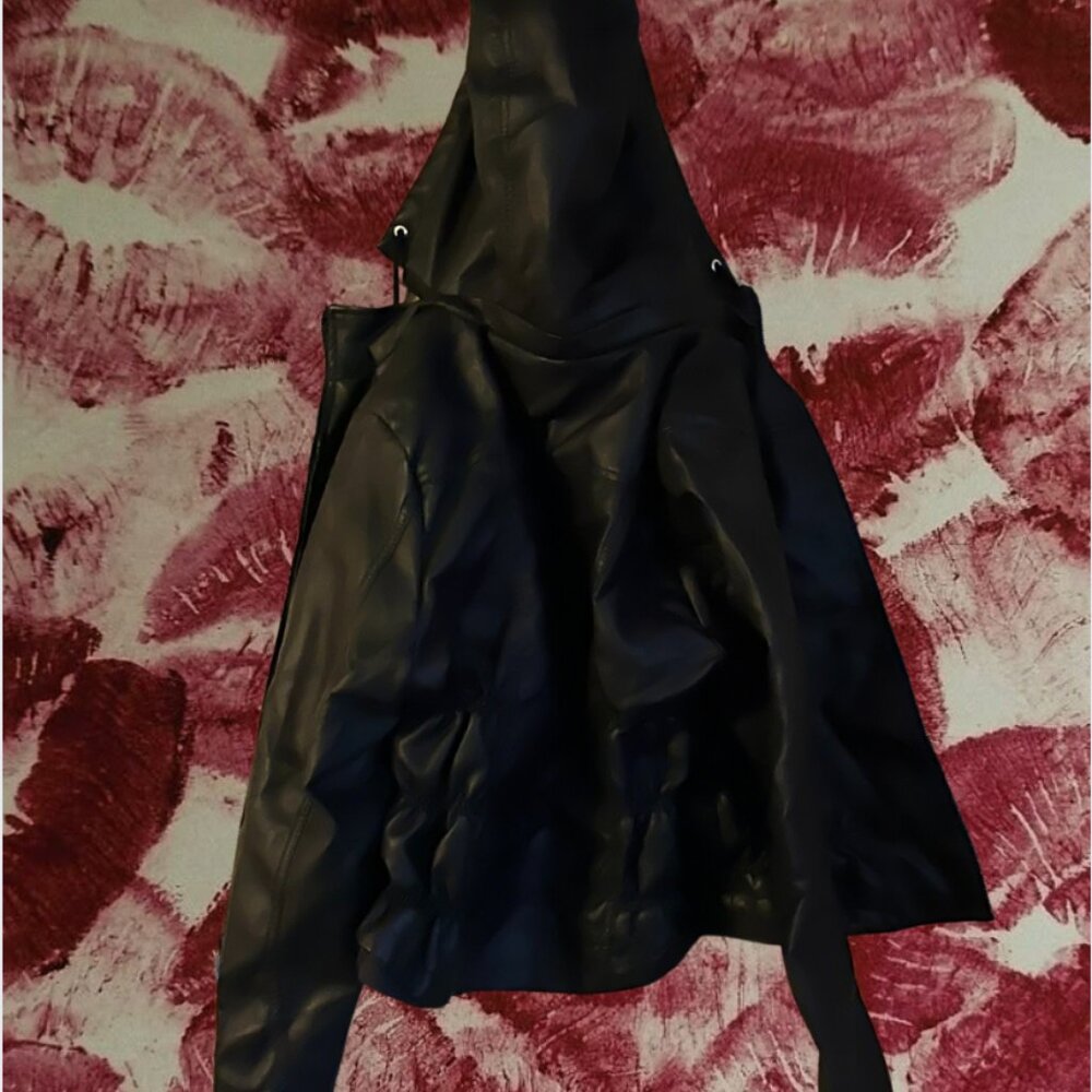 black leather jacket with soft, white, furry inside, unzippable hood, size small